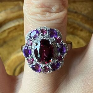 Natural Garnet Amethyst Sterling Silver Cocktail Ring Size 7